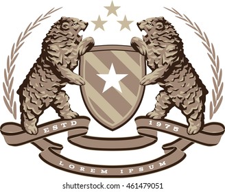 Two bear icons, emblems and labels. Coat of arms vintage illustration. Heraldic shield and ribbon.