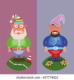 Two Bearded Gnomes in Bright Caps and Clothes. Vector illustration