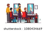 Two bearded hairdresser barbers doing male clients haircut in men beauty salon barbershop. Barber shop interior design with chairs, mirrors, desk. Decoration and furniture. Flat vector illustration