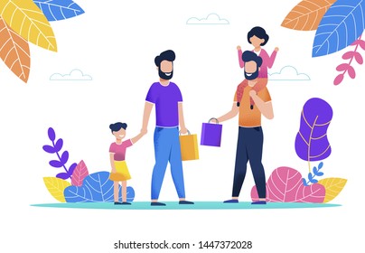 Two Bearded Man Walk with Their Children in Pack. Little Girl Sitting on her Dad Shoulders, Holding her Hand. Father Went for Walk in Park with Child on Hot Summer Day. Guy Holds Paper Bag in his Hand