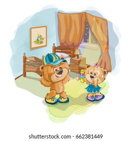 Two bears in the background of a children's room, doing exercises. Vector illustration, graphics, art