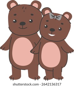 Two bears are depicted in a simple line drawing style with minimal details.  A sweet pair of bears stand together showing affection. Cartoon vector illustration