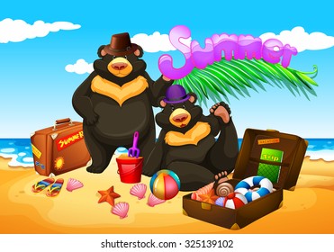 Dos osos disfrutan del verano en la ilustración de la playa