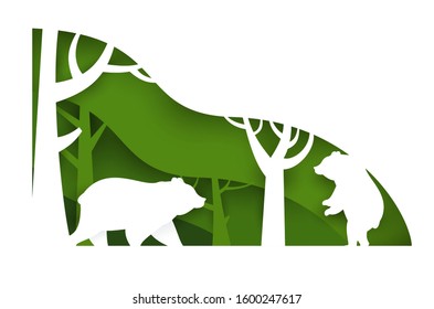 Two bears in green forest. Paper cut trendy craft cartoon style. Minimalistic creative modern design for advertising, branding background greeting card, cover, poster, banner. Vector illustration.