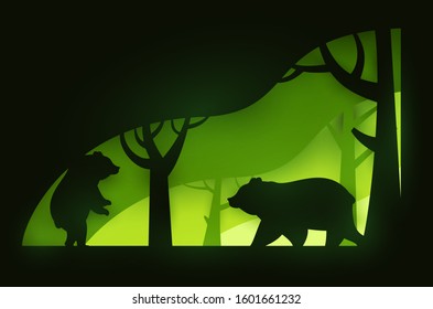 Two bears in green forest. Paper cut trendy craft cartoon style. Minimalistic creative modern design for advertising, branding background greeting card, cover, poster, banner. Vector illustration.