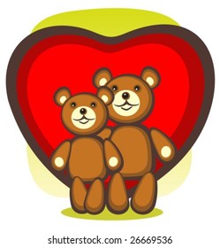 Two bears and heart on a green background.