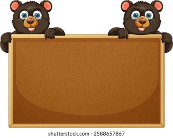 Two bears holding a blank wooden sign together