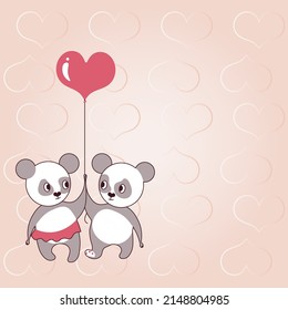 Dos osos sosteniendo un globo en forma de corazón con corazones en el fondo muestran amor y armonía. El oso de peluche representa una pareja apasionada con objetivos de amor.