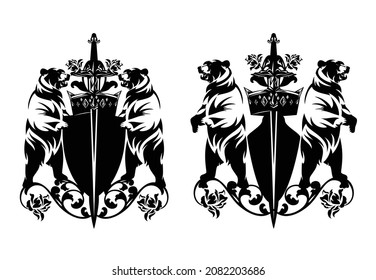 two bears holding heraldic shield, king crown, knight sword and rose flowers decor - medieval style black nad white vector royal coat of arms design set