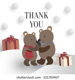Two bears Hug Each Other In Snow with Presents and Texts Thank you