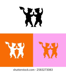 Two bears logo. 2 Bears dancing holding hands. Symmetrical minimalist vector symbol isolated on white background. Two dancing bears logotype. Cute Animal icon design. Character cartoon logotype. 