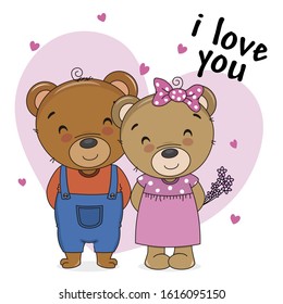 Two bears in love with hearts in the background
