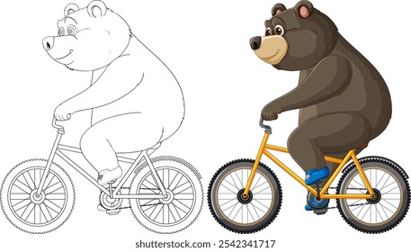 Dos osos en bicicleta, uno de color, uno delineado