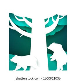 Two bears on blue forest in paper cut trendy craft cartoon style. Minimalistic creative modern design for advertising, branding background greeting card, cover, poster, banner. Vector illustration.