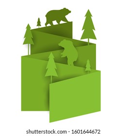 Two bears on green decor in paper cut trendy craft cartoon style. Minimalistic creative modern design for advertising, branding background greeting card, cover, poster, banner. Vector illustration.
