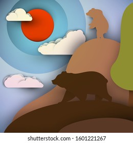 Two bears on hills in paper cut trendy craft cartoon style. Minimalistic creative modern design for advertising, branding background greeting card, cover, poster, banner. Vector illustration.