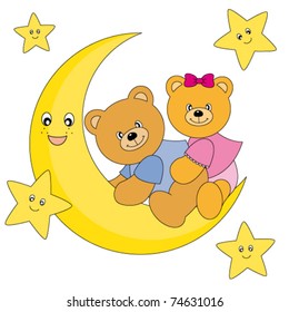 two bears sitting on the moon. Drawing isolated white background