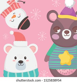 two bears and snowman with scarf hat merry christmas card vector illustration