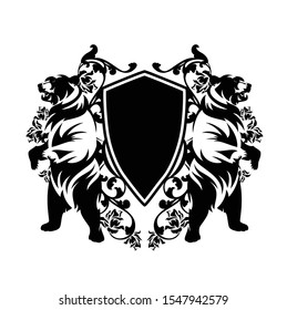 two bears standing up with heraldic shield and rose flowers decor - medieval style black nad white vector coat of arms design