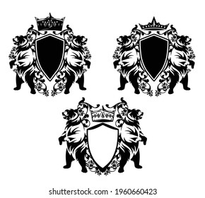 two bears standing up with heraldic shield, king crown and rose flowers decor - medieval style black nad white vector royal coat of arms design