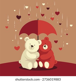 zwei Bären unter einem Schirm mit Herzen fallen aus dem Himmel Illustration, Banner Valentinstag Paar mit Teddybär