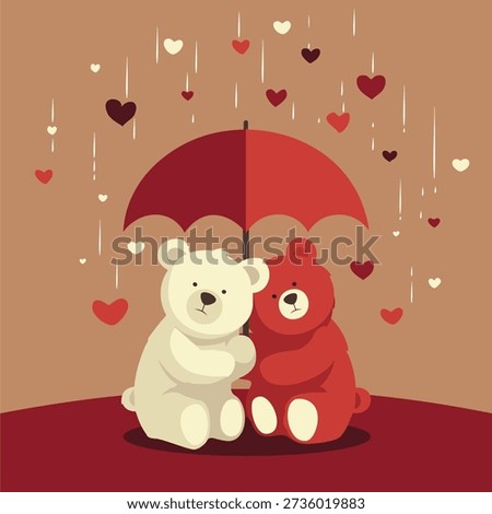 two bears under an umbrella with hearts falling from the sky illustration , banner valentine couple with teddy bear