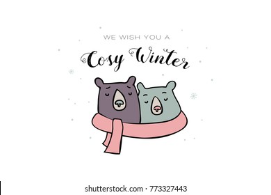 two bears wrapped with one scarf. winter time vector illustration. cosy christmas