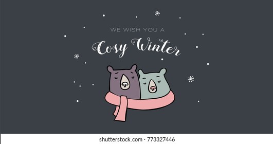 two bears wrapped with one scarf. winter time vector illustration. cosy christmas