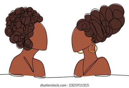 Two beautiful African women with lush hairstyles. Africa's Women's Day. One line drawing for different uses. Color vector illustration.