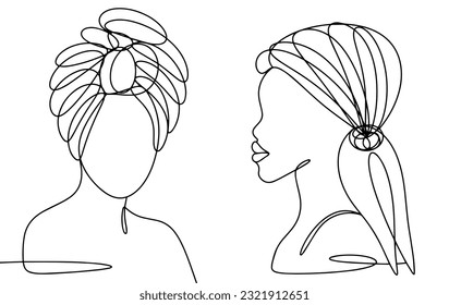 Two beautiful African women with plackets on their heads. Africa's Women's Day. One line drawing for different uses. Vector illustration.