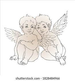 Two beautiful angels, an engraving in the Baroque style.