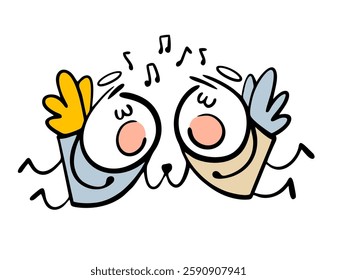 Two beautiful angels holding hands and singing a song. Vector illustration, temple decoration, Christmas choir. Isolated cartoon characters on white background.