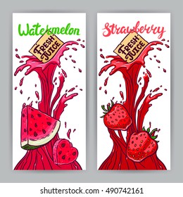 two beautiful banners. Fresh Juice. watermelon and strawberries. hand-drawn illustration