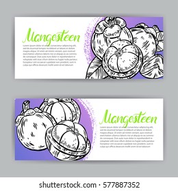 two beautiful banners of sketch ripe delicious mangosteens. hand-drawn illustration