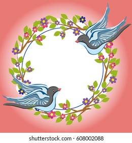 two beautiful birds in a circle of flowers and twigs on a pink background