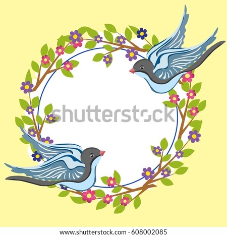 Two Beautiful Birds Circle Flowers Sprigs Stock Vector Royalty Free