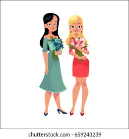 Two beautiful blond women, girls standing, holding bunches of flowers, cartoon vector illustration isolated on white background. Full length portrait of happy girls, women with bunches of flowers