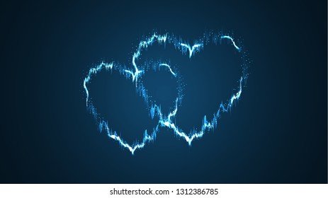 Two beautiful blue sharp swan abstract magical energy electric fiery shiny glowing festive hearts with sparks on a blue background. Vector illustration.