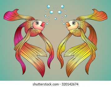 Two beautiful bright fish with bubbles