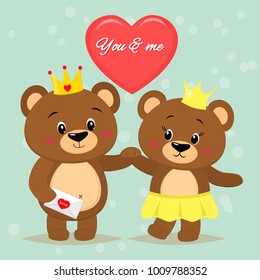 Two beautiful brown bears with crowns on their heads stand with their hands, a red heart in a cartoon style.