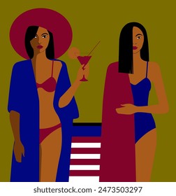 Dos hermosas morenas en la playa con un cóctel celebrando sus vacaciones. El tema de unas vacaciones maravillosas, vacaciones, relajación. Imagen de estilo minimalista. Cartel. Ilustración vectorial