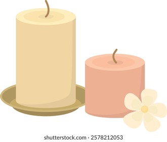 Two beautiful candles and a flower nearby. Spa and relaxation concept isolated on a white background