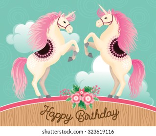 Two beautiful cartoon unicorns standing on their hind legs with flowing pink manes and tails and pretty saddles. Ideal for a girl's birthday card. Vector illustration. 