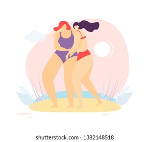 Two Beautiful Cartoon Women Friends Standing Together and Hugging on Summer Beach Female Friendship Vector Illustration Happy Together Sisterhood Trust Help Support Motivational Flat Design Banner