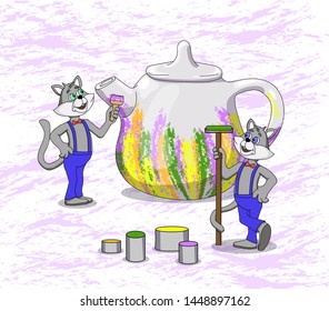 two beautiful cats paint a ceramic teapot with colorful paints