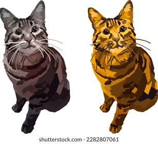 Two Beautiful cats red and gray are sitting on a white background, two cats in a mosaic orange and gray cats on a white background. Vector. Illustration