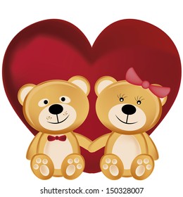 two beautiful and cheerful teddy bears hugging each other in valentine's day