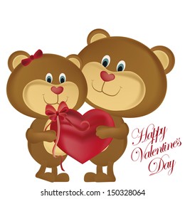 two beautiful and cheerful teddy bears hugging a red heart with a ribbon in valentine's day