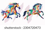 Two beautiful colored horses in Low Polygon style