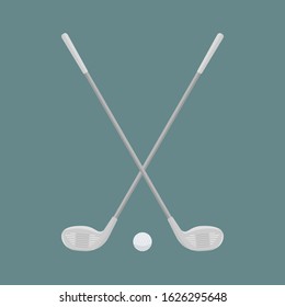 Two beautiful crossed Golf clubs and a ball on the background of aquamarines.Sports equipment for golfing. Inventory for golfers.Vector flat illustration
